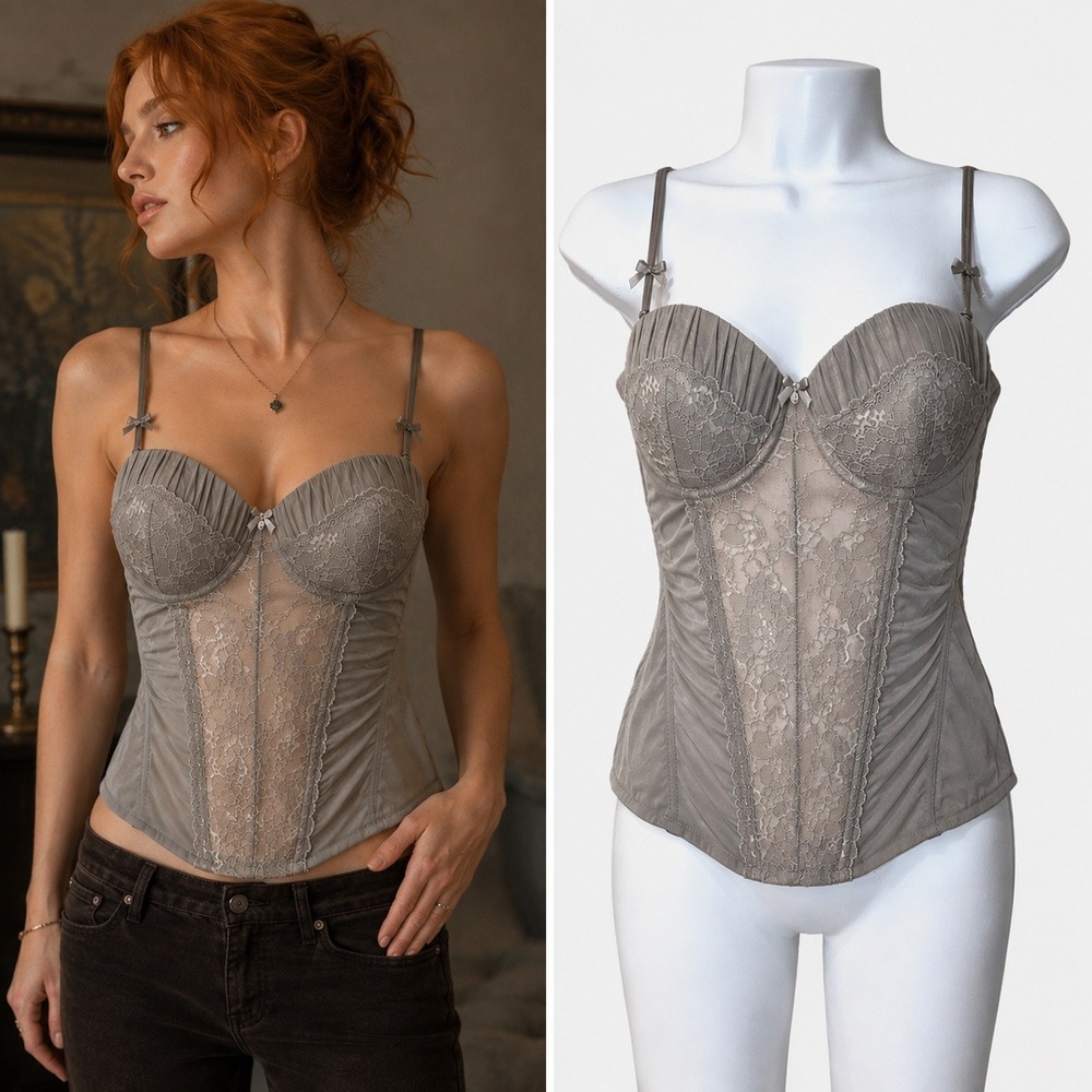 Womens Gray Lace Corset Bustier Top 38B Coquette Dark Romantic Y2K Vamp Boning